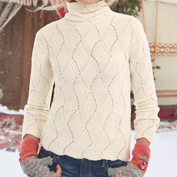 Sundance Sweaters - Sundance Champlain Turtleneck Cotton Silk Blend Scallop Hem Sweater Off White